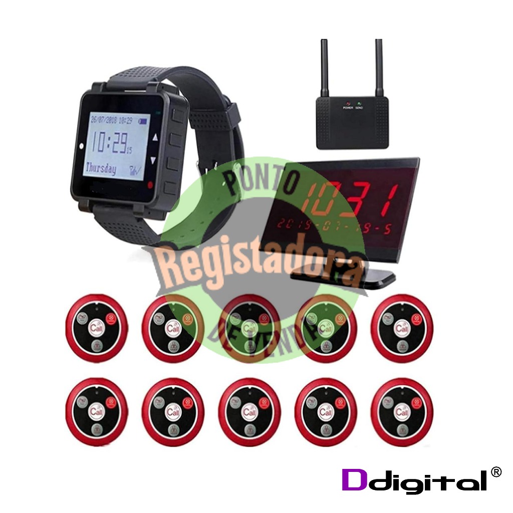 Kit Pagers de Chamada com 10 Botões + 1 Relogio + 1 Ecran LED + 1 Amplificador Sinal